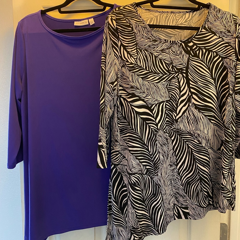 Susan Graver Liquid Knit tops asymetrical hems.  Size L sold as qty of 2